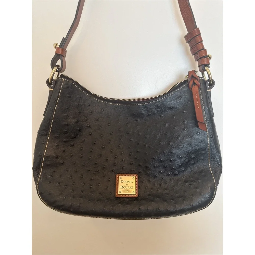 Dooney & Bourke Black Ostrich Embossed Leather Hobo Shoulder Bag Red Lining